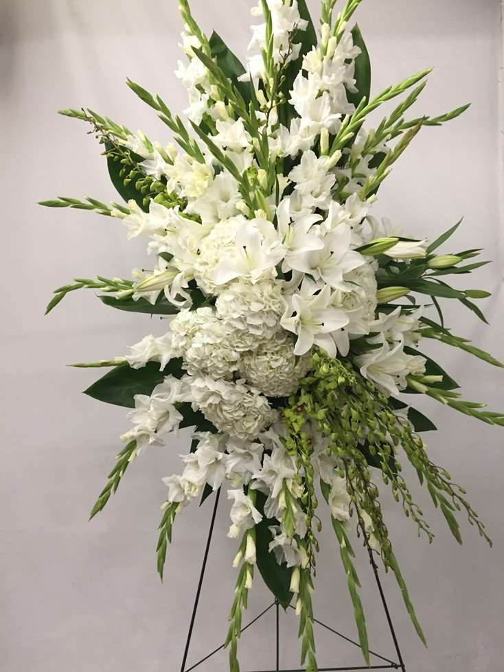 Fondest Memories Standing Spray White orchid standing spray for funeral & sympathy — Flower Empire Aurora florist serving Bra