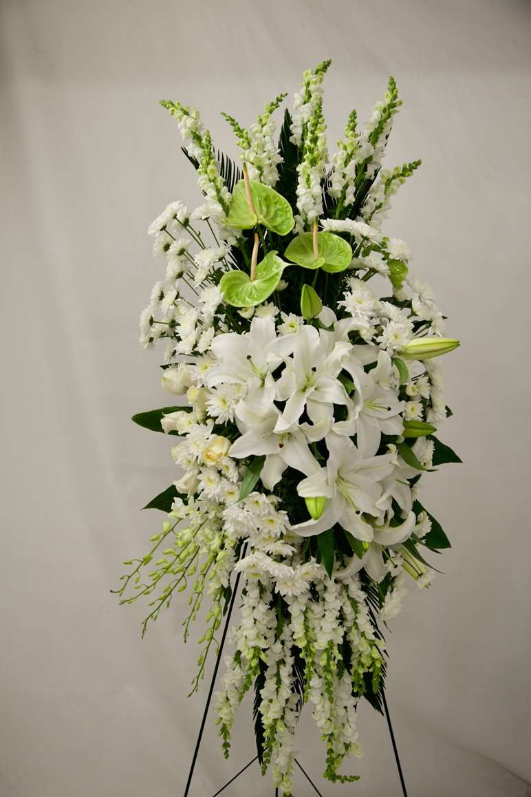 Sweet Remembrance Spray White orchid floral arrangement for funeral & sympathy — Flower Empire Aurora florist serving Richmon