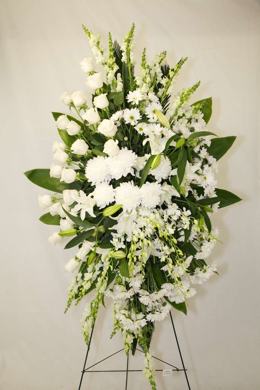 Secret Heaven Standing Spray White orchid standing spray for funeral & sympathy — Flower Empire Aurora florist serving Vaugha