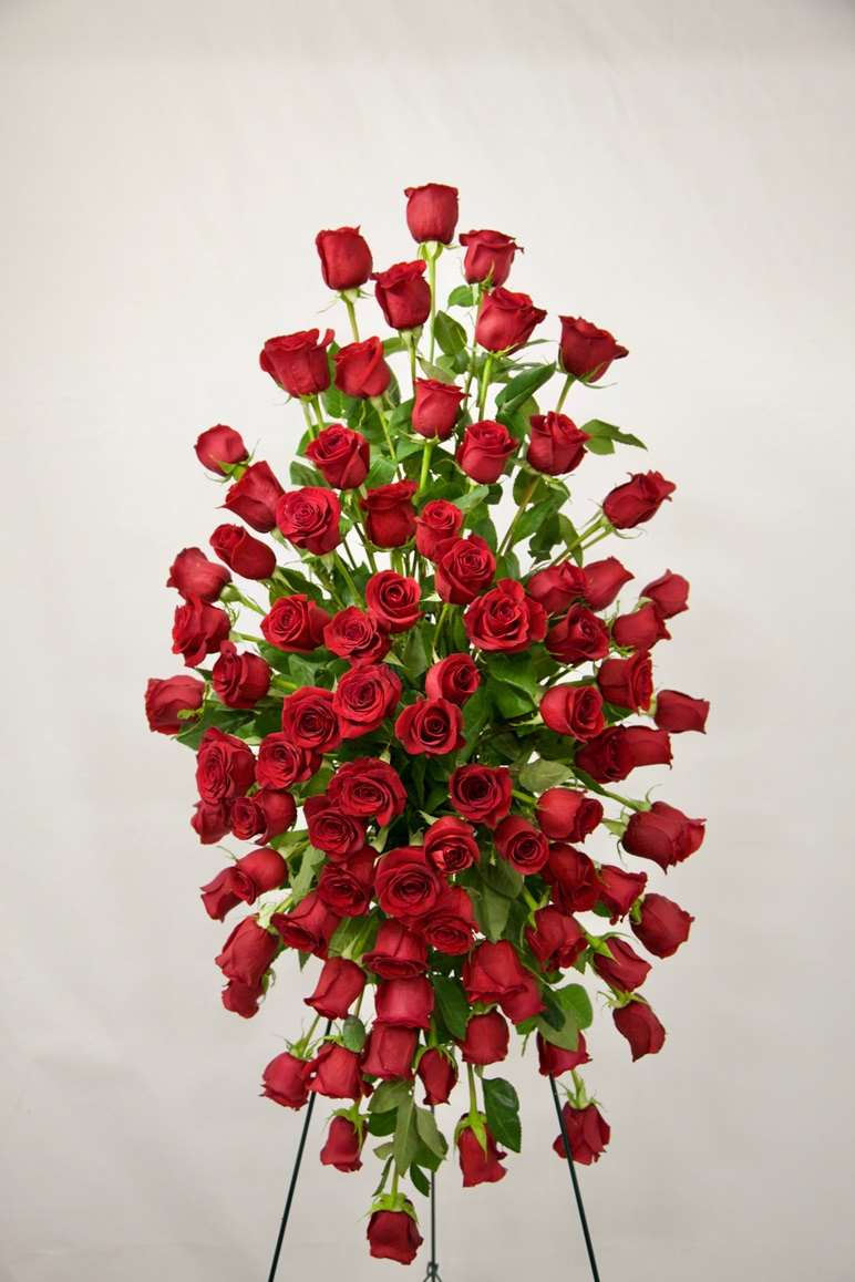 Love You Always Standing Spray Red rose standing spray for funeral & sympathy — Flower Empire Aurora florist serving Brampton