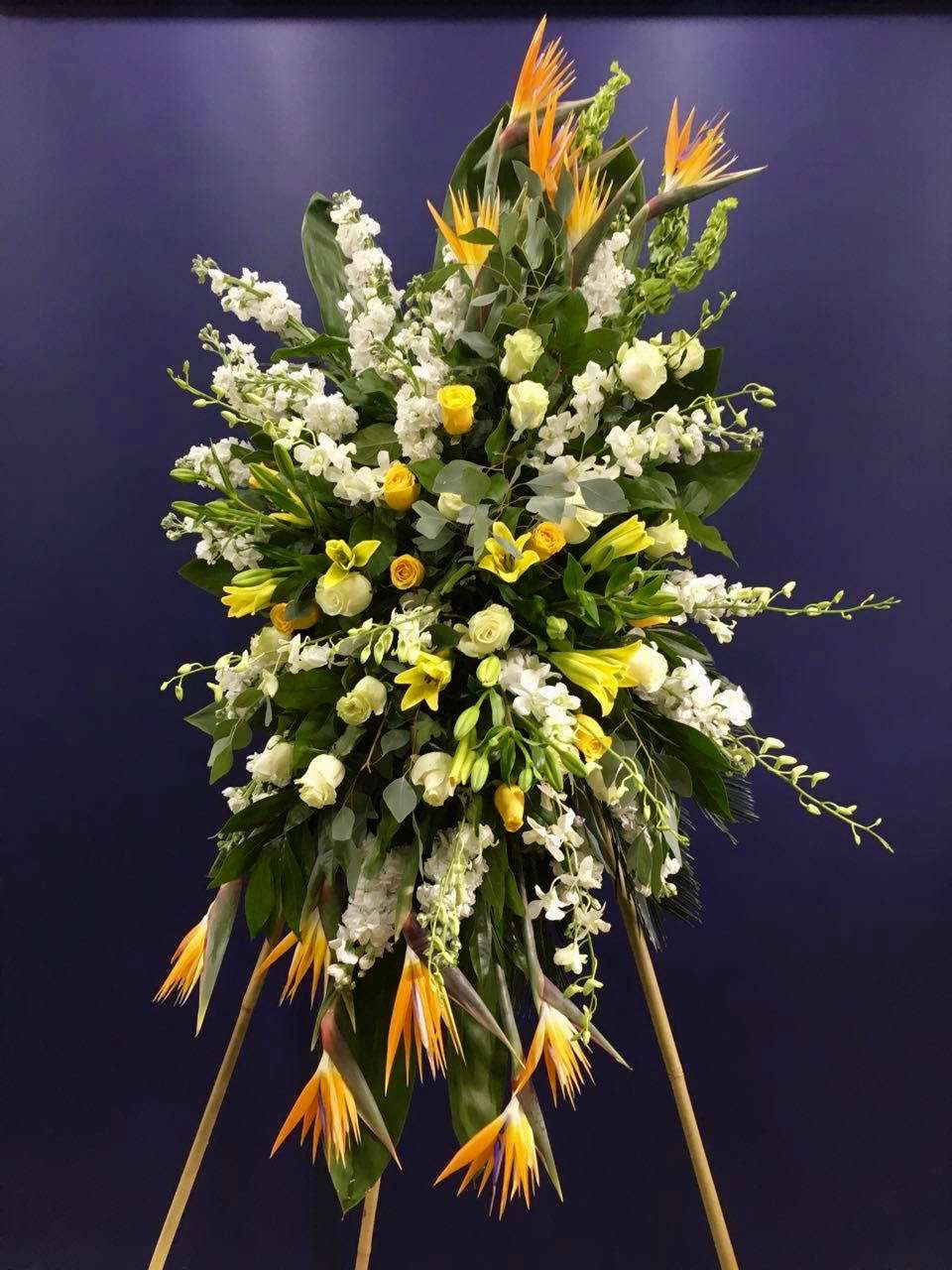 Heartfelt Reverence Standing Spray White orchid standing spray for funeral & sympathy — Flower Empire Aurora florist serving