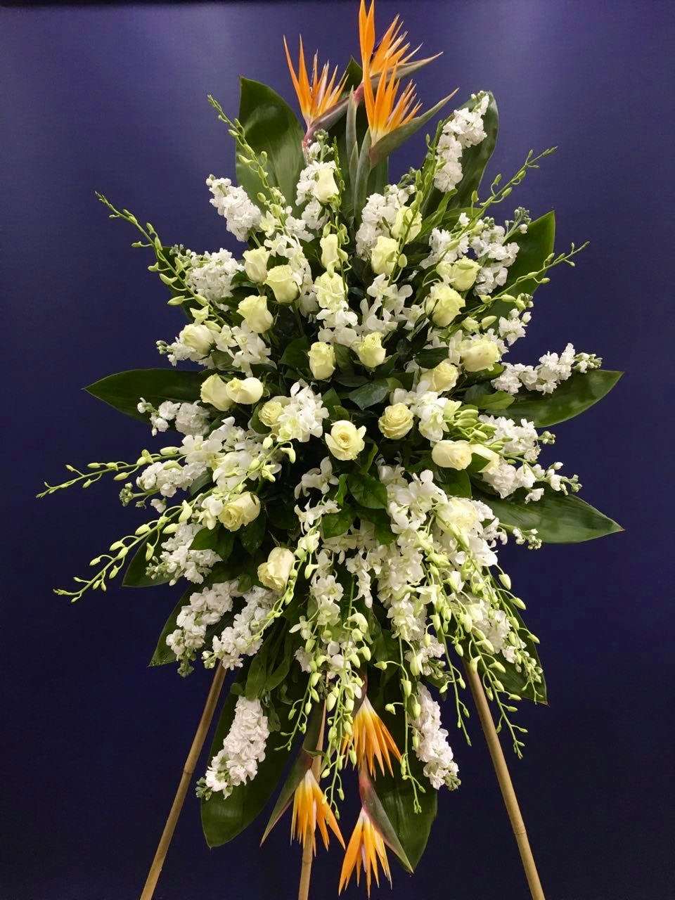 Gone on to glory Standing Spray White standing spray for funeral & sympathy — Flower Empire Aurora florist serving Burlington