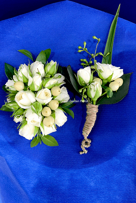White Spray Rose Corsage and Bouttoniere White rose floral arrangement for graduation — Flower Empire Aurora florist serving