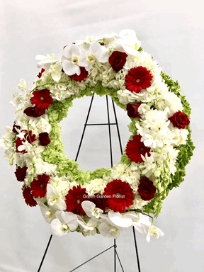 Red and White Wreath Spray Red orchid wreath for funeral & sympathy — Flower Empire Aurora florist serving Etobicoke