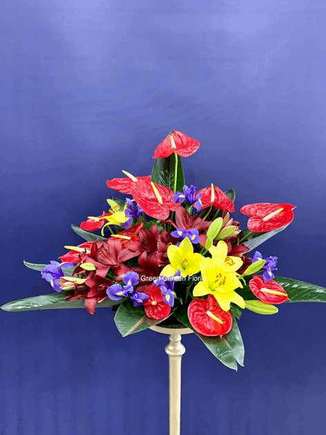 Red and Yellow Basket Arrangement Red lily arrangement for birthday — Flower Empire Aurora florist serving Etobicoke