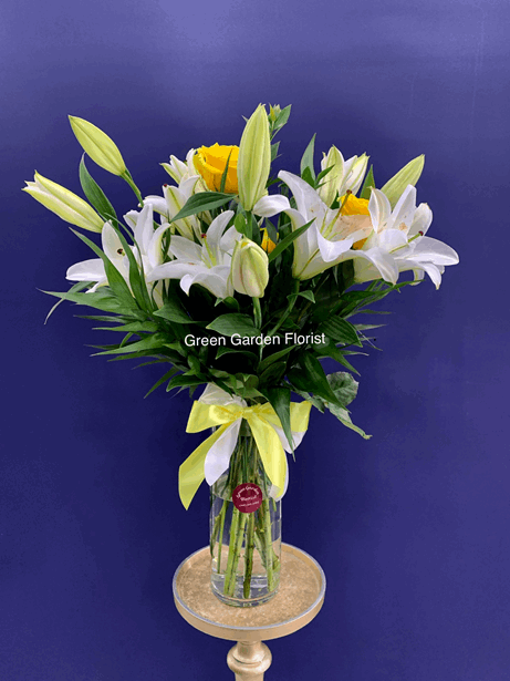 Be Happy Vase Arrangement White rose arrangement for birthday — Flower Empire Aurora florist serving Richmond Hill