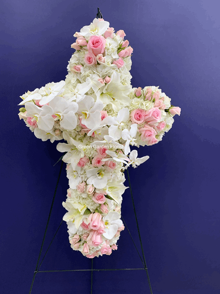 White and Pink Standing Cross White orchid floral arrangement for funeral & sympathy — Flower Empire Aurora florist serving V