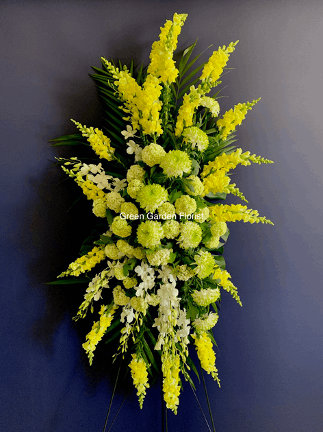 Yellow Standing Spray White orchid standing spray for funeral & sympathy — Flower Empire Aurora florist serving Scarborough