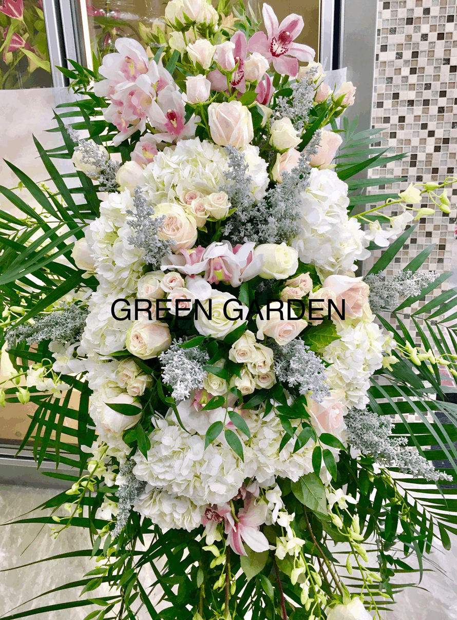 Soft Coloured Standing Spray Red orchid standing spray for funeral & sympathy — Flower Empire Aurora florist serving Oakville