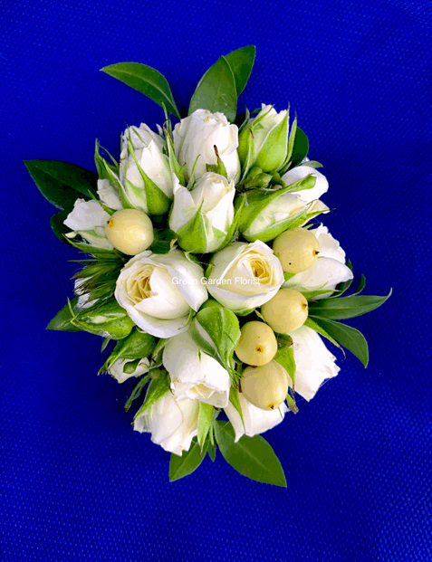White Spray Rose Corsage White rose floral arrangement for graduation — Flower Empire Aurora florist serving Vaughan