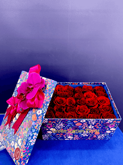 Red Rose Box Red orchid floral arrangement for anniversary — Flower Empire Aurora florist serving Richmond Hill