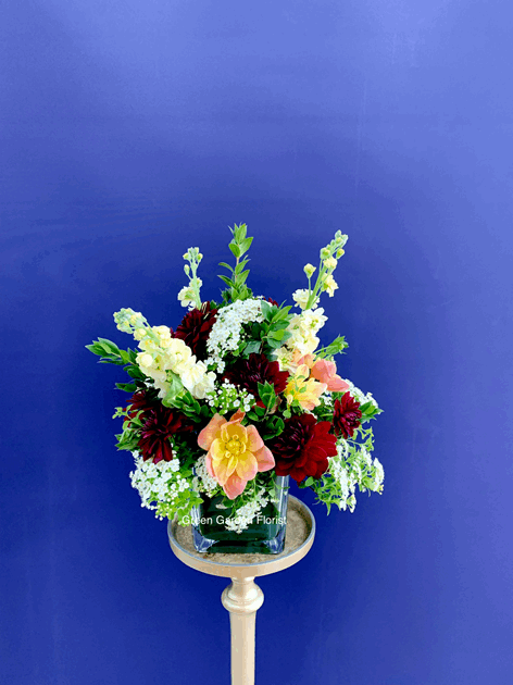 Dahlia Arrangement Orange arrangement for birthday — Flower Empire Aurora florist serving Toronto