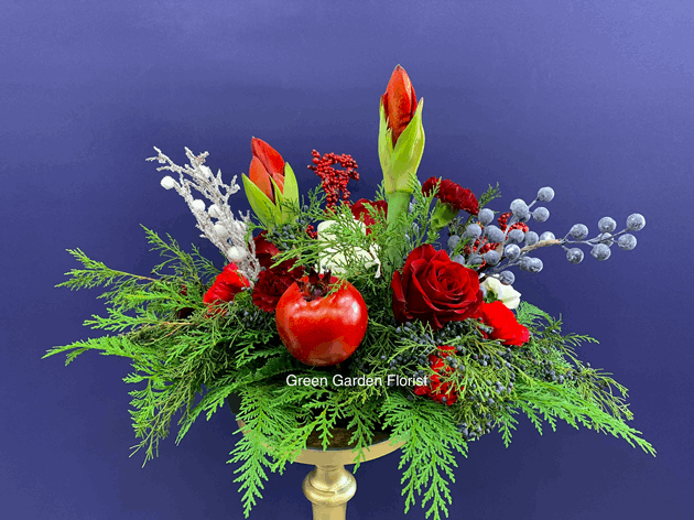 Happy Holidays Centrepiece Red rose floral arrangement for christmas — Flower Empire Aurora florist serving Etobicoke