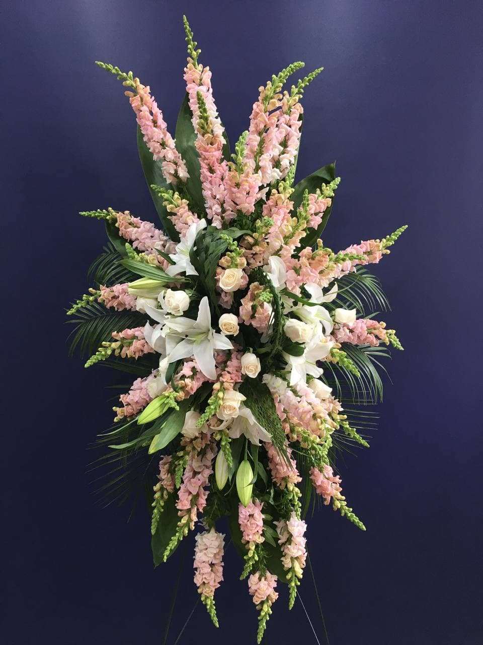 Sweetness Standing Spray White rose standing spray for funeral & sympathy — Flower Empire Aurora florist serving Brampton