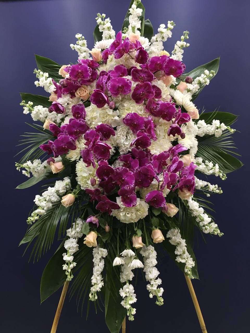 Precious Purple Standing Spray Purple orchid standing spray for funeral & sympathy — Flower Empire Aurora florist serving Ric