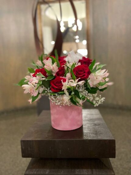 Red rose, pink alstroemeria, and baby's breath arrangement in a pink suede box — Flower Empire.