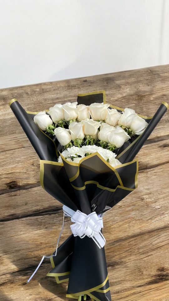 white-rose-bouquet-black-gold-wrap-flower-empire.jpg Touch of Love Romantic Bouquet - Image 1