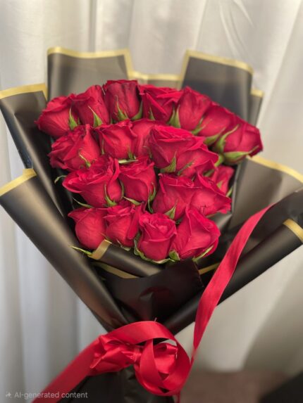 Minimal red rose bouquet in black wrapping with gold edges and red ribbon