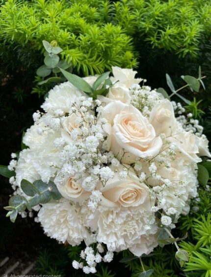 White roses and ruffled white flowers with baby's breath and greenery