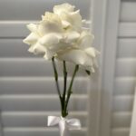Minimal white rose posy with exposed green stems and white ribbon