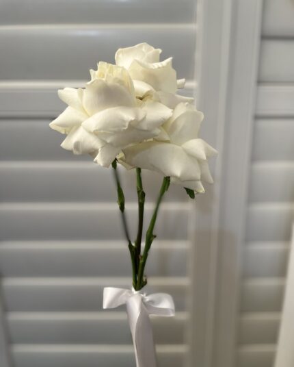 Minimal white rose posy with exposed green stems and white ribbon