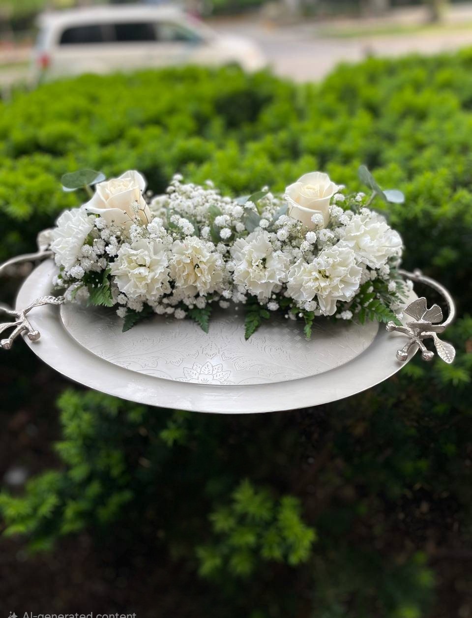 White Floral Tray Arrangement White roses and small white flowers arranged on a silver-tone tray