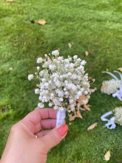 A small cluster of white baby’s breath on a wrapped stem.