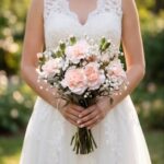 Blush and ivory flowers with greenery in a loose bridal bouquet, shown in a supplied reference photograph.