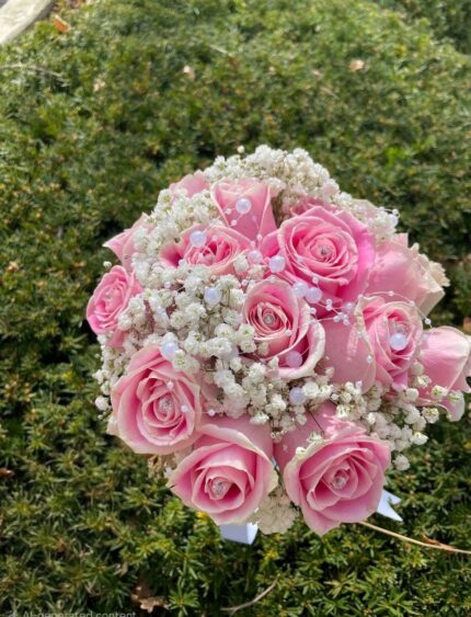 Pink roses with white baby's breath in a rounded bridal bouquet