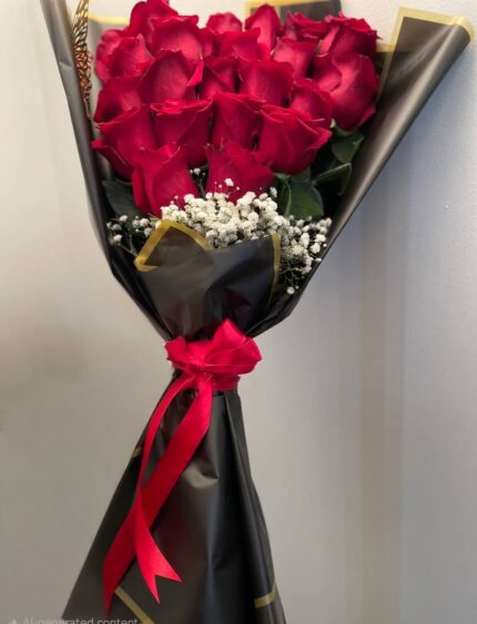 Red roses with baby's breath in angular black-and-gold wrapping