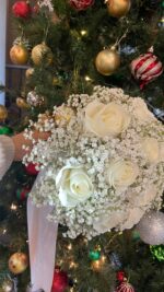 Ivory roses nestled in a generous cloud of white baby’s breath with a white ribbon.