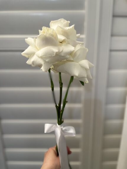 A slender white rose posy with exposed stems and a white bow.