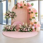 Pink floral and balloon backdrop without black frame