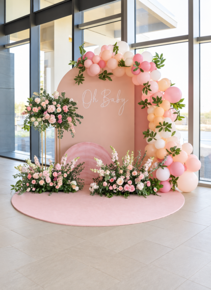 Pink floral and balloon backdrop without black frame