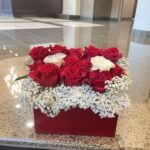 Red and white roses above a white baby’s breath border in a deep red rectangular box.
