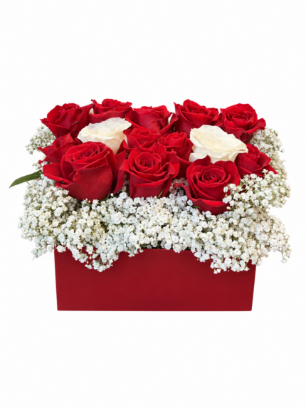 Red and white rose box arrangement on a solid white background