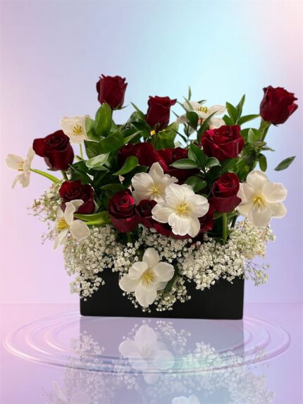 Red roses, white orchid-like blooms, baby’s breath and foliage in a dark box, shown in a supplied reference image.