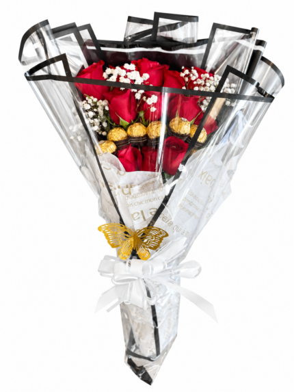 Red rose and chocolate clear-wrap bouquet on a solid white background