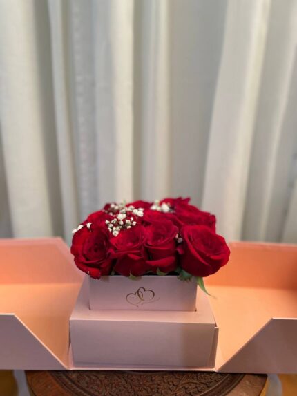 Red roses with a small white floral accent in a pale pink presentation box with opening side panels.