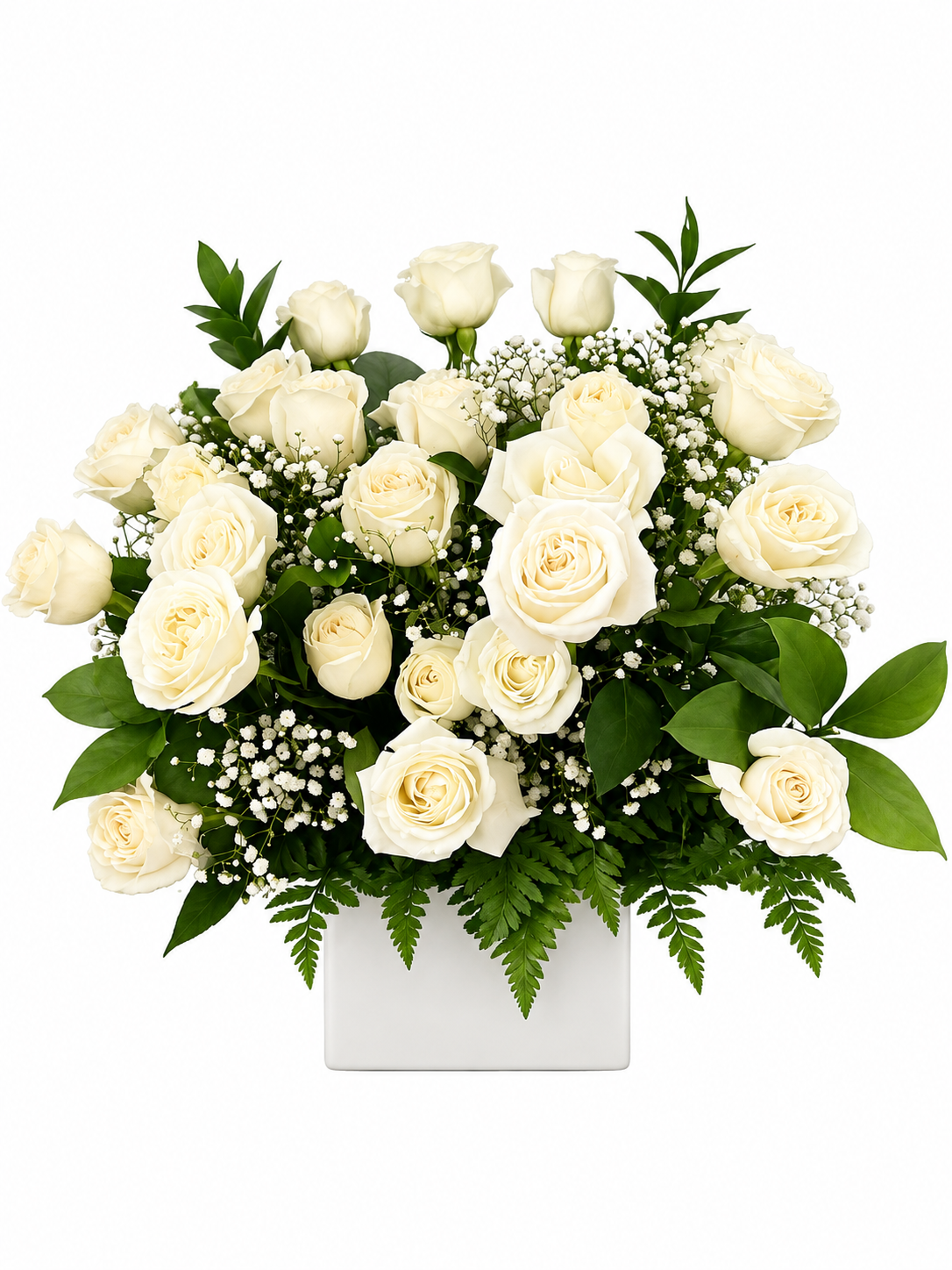White Rose Greenery Vase Arrangement – Solid White White rose greenery vase arrangement on a solid white background