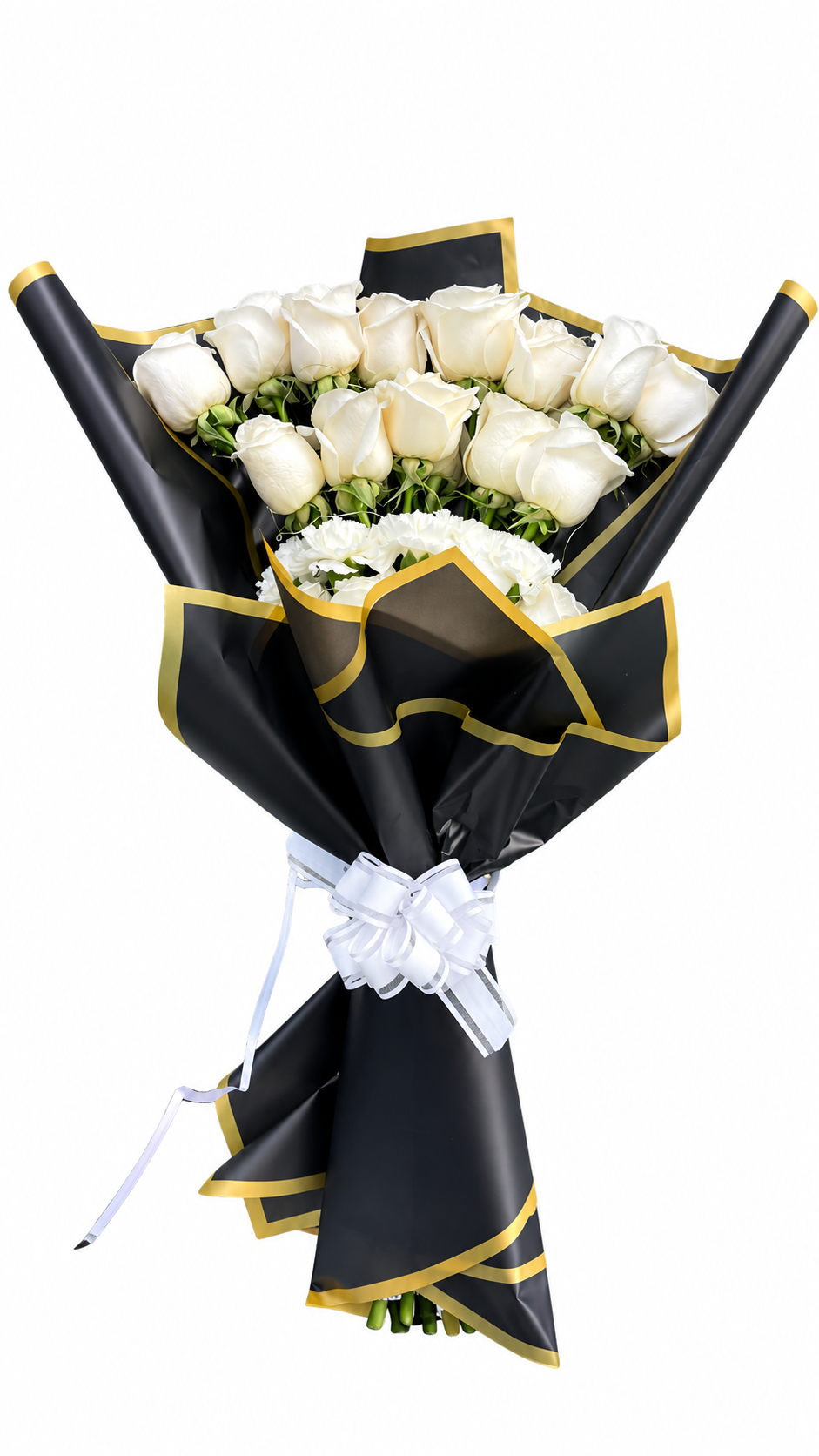 White Roses in Black and Gold Wrap on Solid White White roses in black and gold wrapping on a solid white background