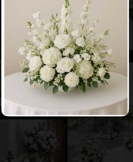 A white arrangement with tall flowering stems, rounded blooms and greenery, shown in a supplied reference screenshot.